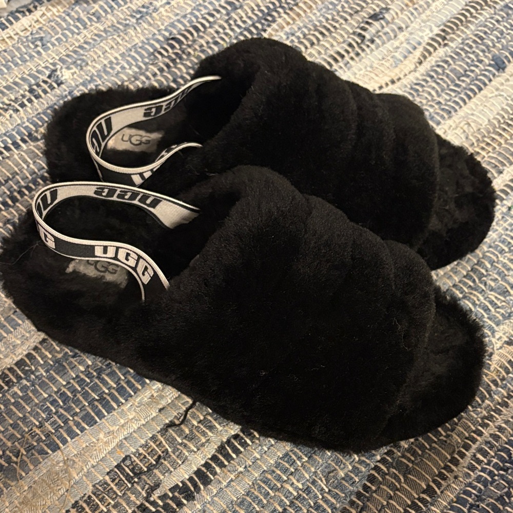 UGG Black Fluffy Slides with Logo Strap